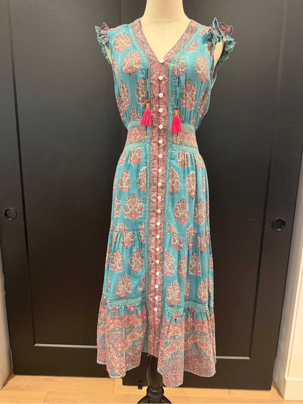 Bell by Alicia Bell Teal & Pink Blake Midi Cotton/Silk Dress - Medium Like New